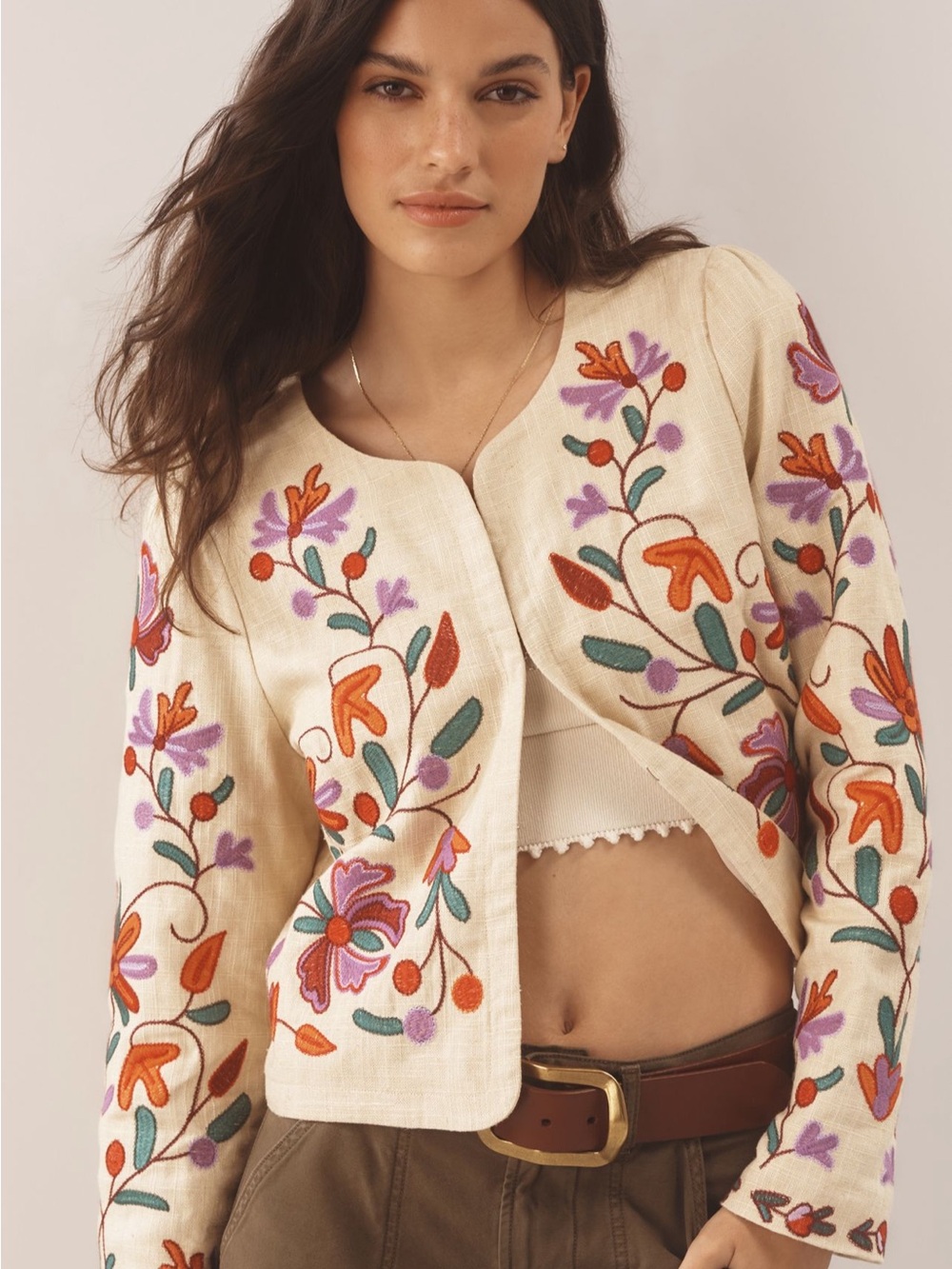Anthropologie DOLAN Cream Linen Floral Cropped Jacket